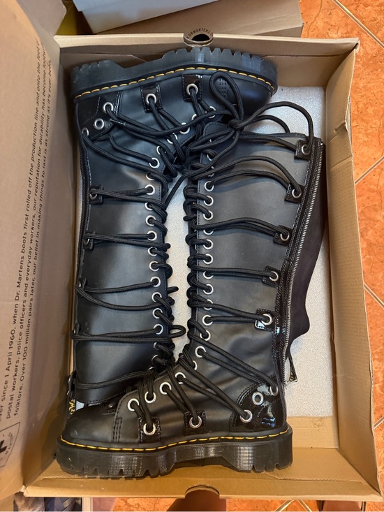 Dr. Martens Shoes - Dr. Martens Black Knee-High Lace-Up Combat Boots with Yellow Stitching